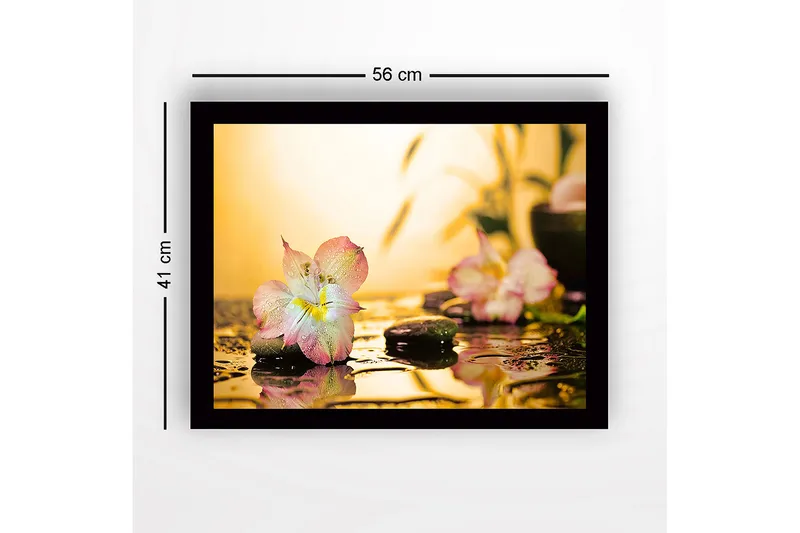 Inramad Canvastavla i trä - 41x56 cm - Vacker blomma med droppar av vatten på stenar - Rosa / Grön / Gul - Inredning - Tavlor & konst