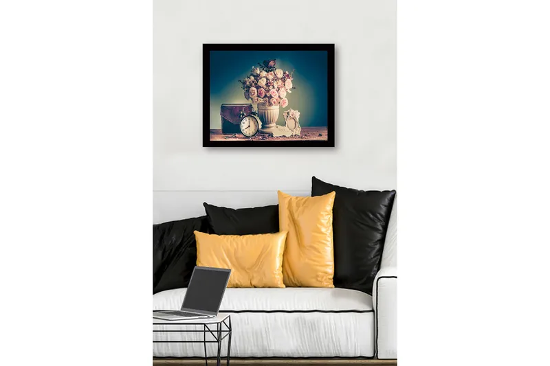 Inramad Canvastavla i trä - 41x56 cm - Vacker bukett av rosor i en vit vas - Rosa / Vit / Brun - Inredning - Tavlor & konst