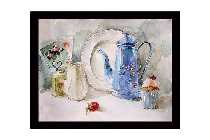 Inramad Canvastavla i trä - 41x56 cm - Vacker dukning med en blå kanna och bakverk - Blå / Vit / Grön - Inredning - Tavlor & konst