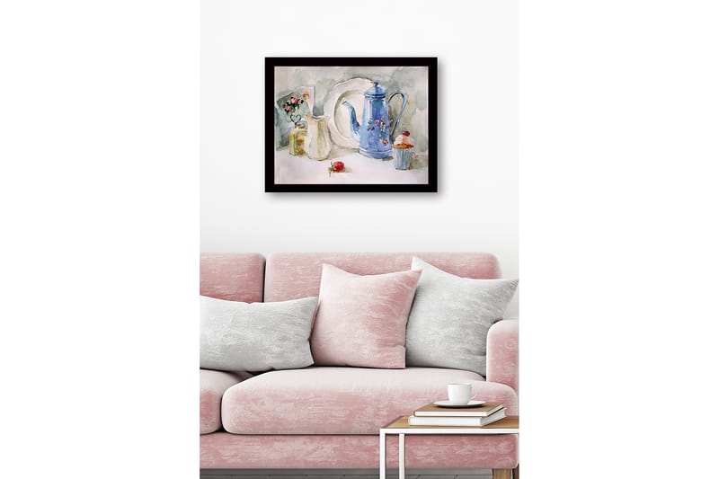 Inramad Canvastavla i trä - 41x56 cm - Vacker dukning med en blå kanna och bakverk - Blå / Vit / Grön - Inredning - Tavlor & konst