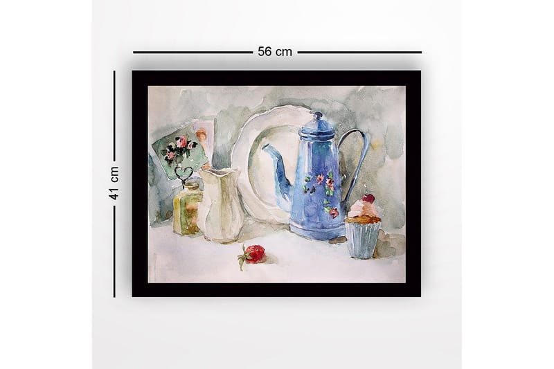 Inramad Canvastavla i trä - 41x56 cm - Vacker dukning med en blå kanna och bakverk - Blå / Vit / Grön - Inredning - Tavlor & konst
