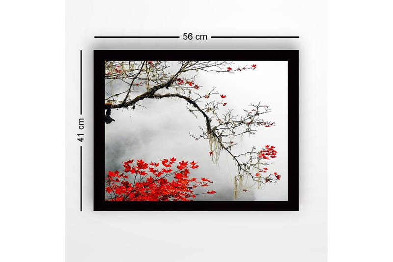Inramad Canvastavla i trä - 41x56 cm - Vacker gren med röda höstlöv mot en dimmig bakgrund - Röd / Grå / Brun - Inredning - Tavlor & konst