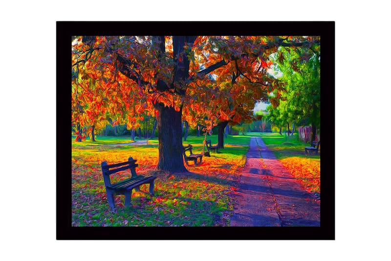 Inramad Canvastavla i trä - 41x56 cm - Vacker höstscen med färgglada träd och bänkar i en park - Orange / Grön / Brun - Inredning - Tavlor & konst