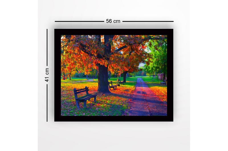 Inramad Canvastavla i trä - 41x56 cm - Vacker höstscen med färgglada träd och bänkar i en park - Orange / Grön / Brun - Inredning - Tavlor & konst