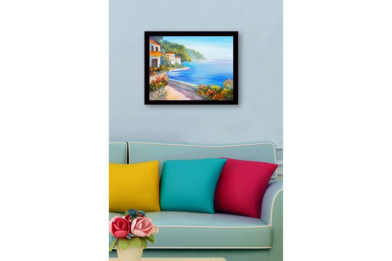 Inramad Canvastavla i trä - 41x56 cm - Vacker kustlandskap med färgglada hus och blomstrande växtlighet vid havet - Blå / Grön / Orange - Inredning - Tavlor & konst