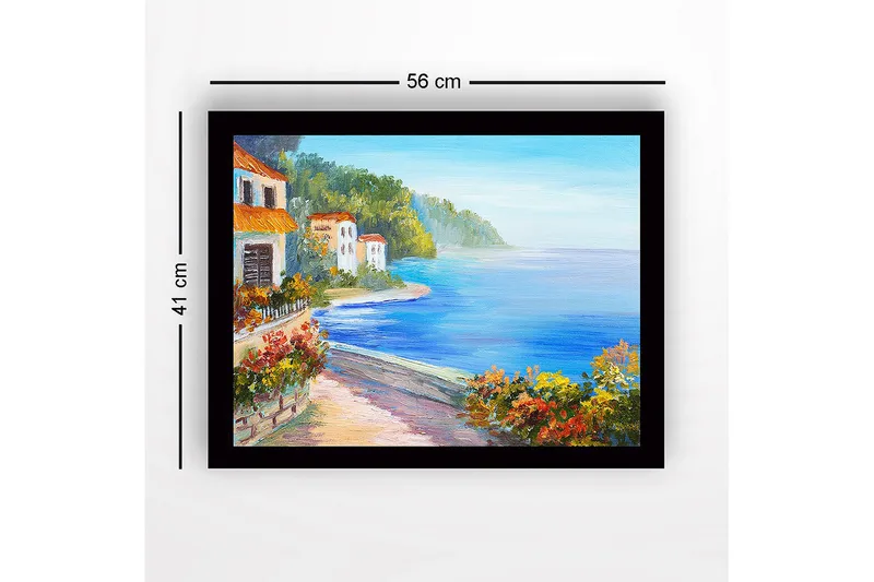 Inramad Canvastavla i trä - 41x56 cm - Vacker kustlandskap med färgglada hus och blomstrande växtlighet vid havet - Blå / Grön / Orange - Inredning - Tavlor & konst