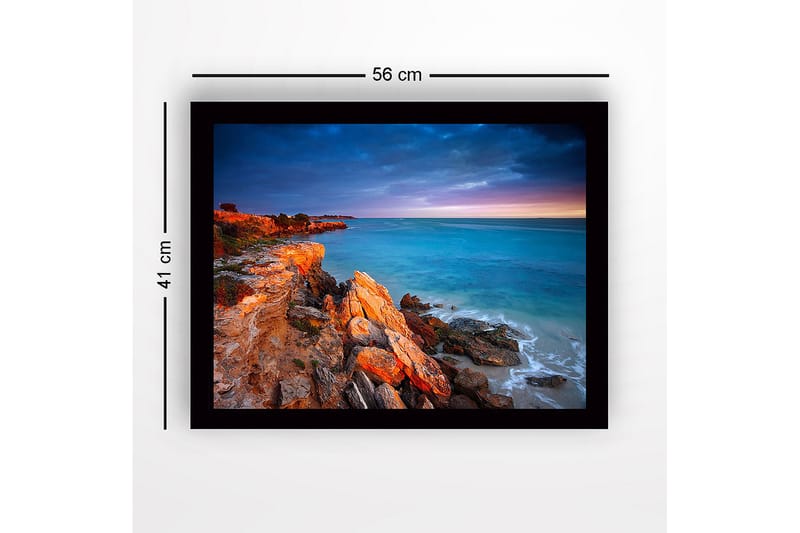 Inramad Canvastavla i trä - 41x56 cm - Vacker kustlinje med klippor och hav i skymningsljus - Turkos / Orange / Grå - Inredning - Tavlor & konst