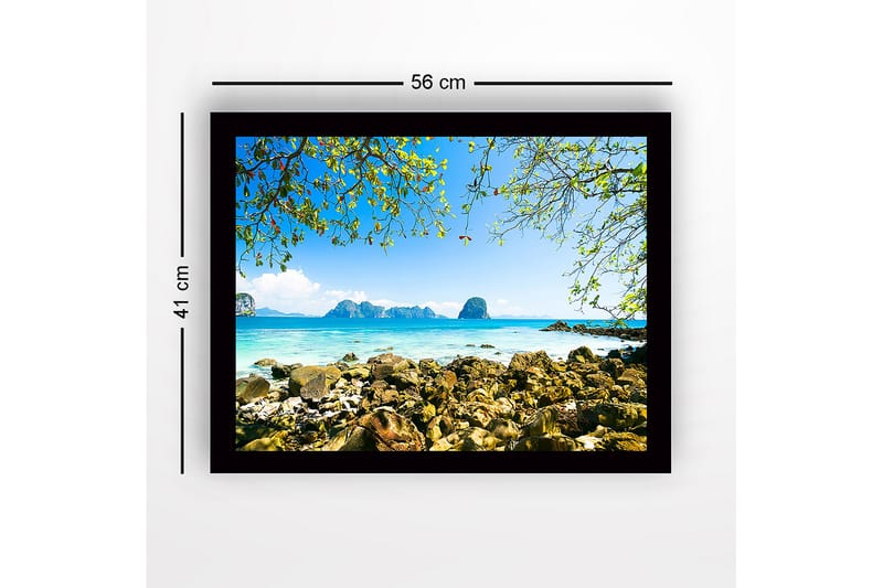 Inramad Canvastavla i trä - 41x56 cm - Vacker kustlinje med klippor och klart blått hav - Blå / Grön / Beige - Inredning - Tavlor & konst