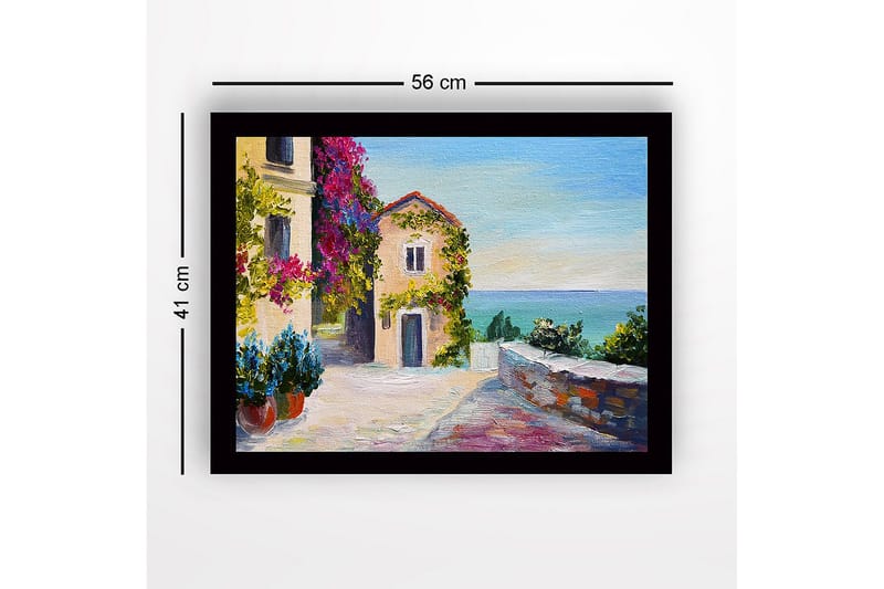 Inramad Canvastavla i trä - 41x56 cm - Vacker kustutsikt med blommor och en pittoresk byggnad - Lila / Grön / Blå - Inredning - Tavlor & konst