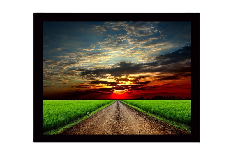 Inramad Canvastavla i trä - 41x56 cm - Vacker landskap med en väg som leder mot en solnedgång - Grön / Orange / Blå - Inredning - Tavlor & konst