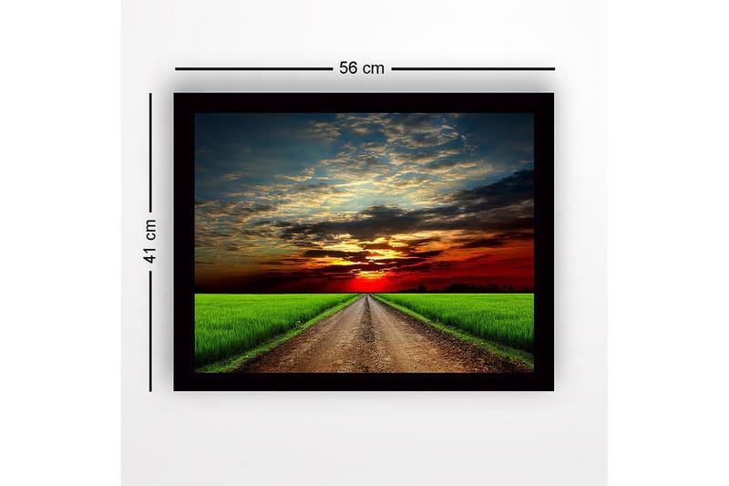 Inramad Canvastavla i trä - 41x56 cm - Vacker landskap med en väg som leder mot en solnedgång - Grön / Orange / Blå - Inredning - Tavlor & konst