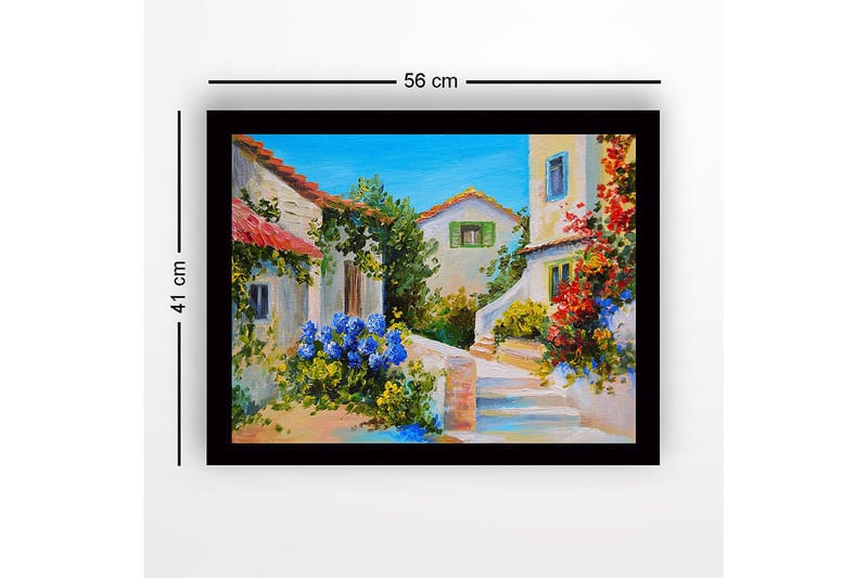 Inramad Canvastavla i trä - 41x56 cm - Vacker medelhavsmiljö med blommor och hus i ljusa färger - Blå / Grön / Röd - Inredning - Tavlor & konst