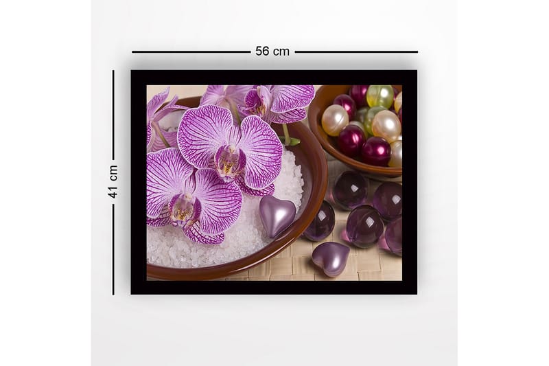 Inramad Canvastavla i trä - 41x56 cm - Vacker samling av orkidéer och dekorationer i skålar - Lila / Vit / Grön - Inredning - Tavlor & konst