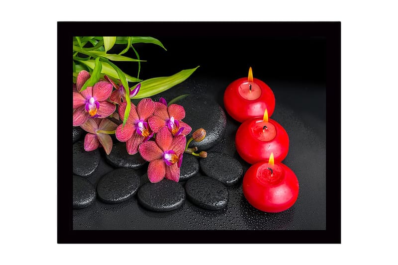 Inramad Canvastavla i trä - 41x56 cm - Vacker samling av orkidéer och levande ljus på svarta stenar - Röd / Svart / Grön - Inredning - Tavlor & konst