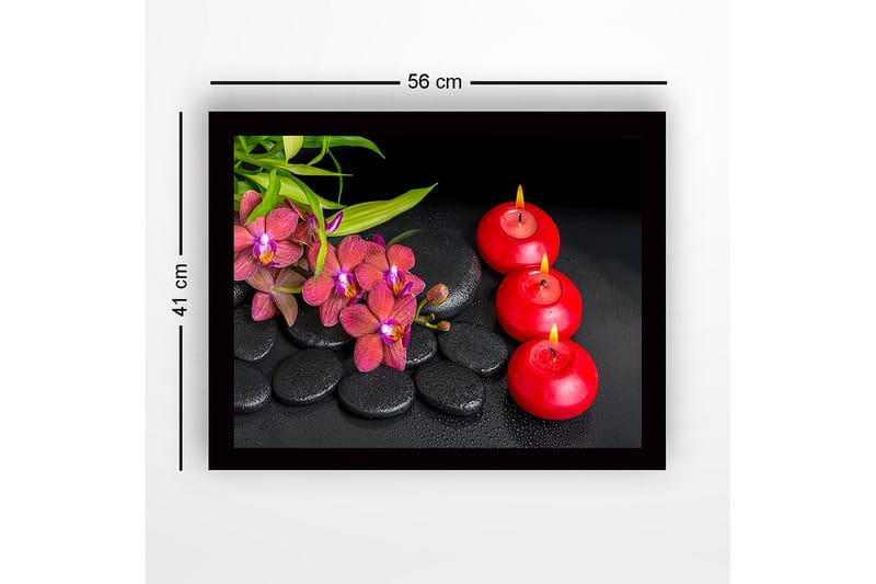 Inramad Canvastavla i trä - 41x56 cm - Vacker samling av orkidéer och levande ljus på svarta stenar - Röd / Svart / Grön - Inredning - Tavlor & konst