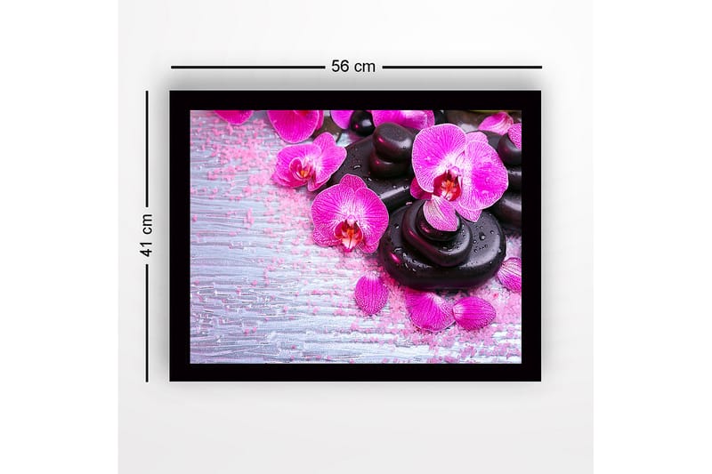 Inramad Canvastavla i trä - 41x56 cm - Vacker samling av orkidéer och svarta stenar - Rosa / Svart / Ljusgrå - Inredning - Tavlor & konst