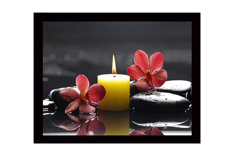 Inramad Canvastavla i trä - 41x56 cm - Vacker sammansättning av orkidéer och ett ljus på svarta stenar - Röd / Gul / Svart - Inredning - Tavlor & konst
