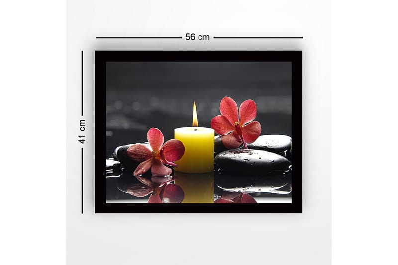 Inramad Canvastavla i trä - 41x56 cm - Vacker sammansättning av orkidéer och ett ljus på svarta stenar - Röd / Gul / Svart - Inredning - Tavlor & konst