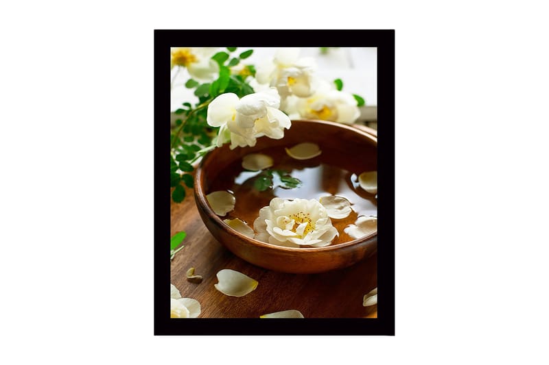 Inramad Canvastavla i trä - 41x56 cm - Vacker skål med flytande blommor och kronblad - Vit / Grön / Brun - Inredning - Tavlor & konst