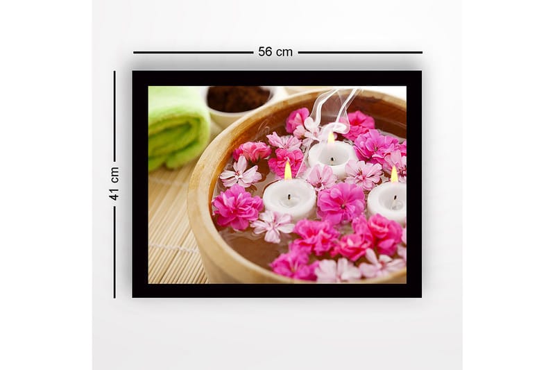 Inramad Canvastavla i trä - 41x56 cm - Vacker skål med flytande blommor och ljus - Rosa / Vitt / Brunt - Inredning - Tavlor & konst