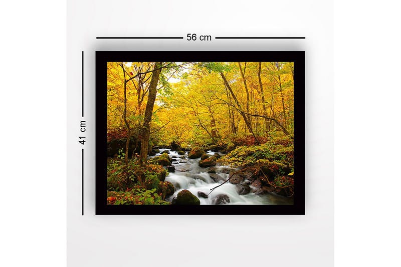 Inramad Canvastavla i trä - 41x56 cm - Vacker skog med en porlande bäck omgiven av gyllene höstlöv - Gult / Grönt / Brunt - Inredning - Tavlor & konst