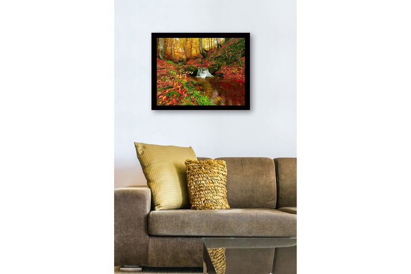 Inramad Canvastavla i trä - 41x56 cm - Vacker skog med en porlande bäck omgiven av höstfärger - Röd / Orange / Grön - Inredning - Tavlor & konst