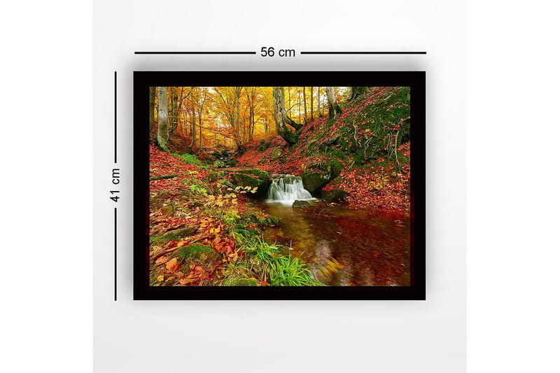 Inramad Canvastavla i trä - 41x56 cm - Vacker skog med en porlande bäck omgiven av höstfärger - Röd / Orange / Grön - Inredning - Tavlor & konst