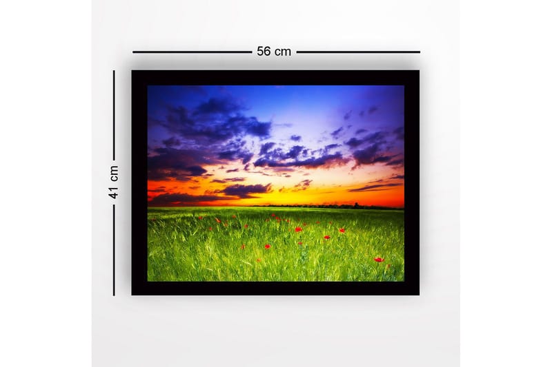 Inramad Canvastavla i trä - 41x56 cm - Vacker solnedgång över en grön äng med röda vallmo - Grön / Orange / Blå - Inredning - Tavlor & konst