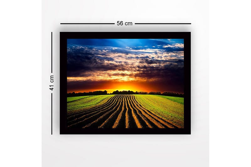 Inramad Canvastavla i trä - 41x56 cm - Vacker solnedgång över ett böljande fält med plöjda rader - Grön / Orange / Blå - Inredning - Tavlor & konst