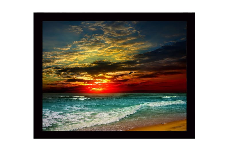 Inramad Canvastavla i trä - 41x56 cm - Vacker solnedgång över havet med dramatiska molnformationer - Mörkröd / Turkos / Gyllene - Inredning - Tavlor & konst
