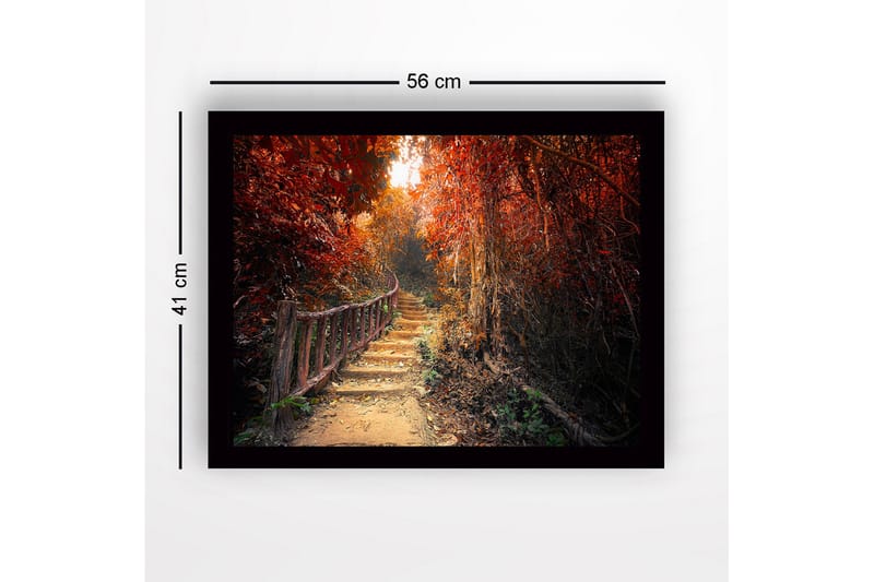Inramad Canvastavla i trä - 41x56 cm - Vacker stig genom en höstfärgad skog - Röd / Orange / Brun - Inredning - Tavlor & konst