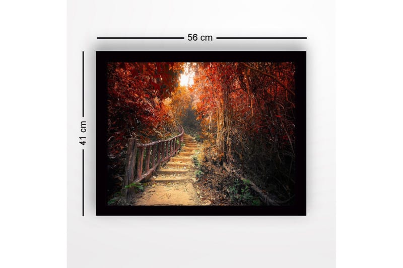 Inramad Canvastavla i trä - 41x56 cm - Vacker stig genom en höstfärgad skog - Röd / Orange / Brun - Inredning - Tavlor & konst