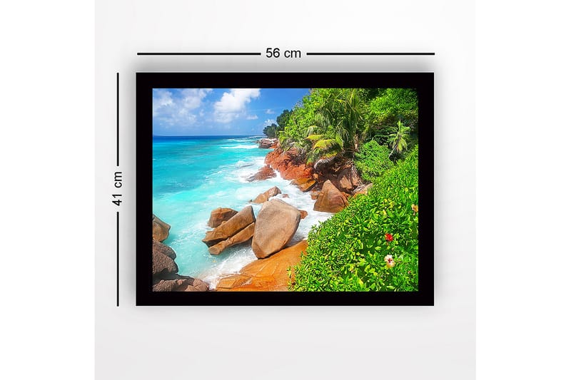 Inramad Canvastavla i trä - 41x56 cm - Vacker strand med klippor och turkost vatten - Turkos / Grön / Beige - Inredning - Tavlor & konst