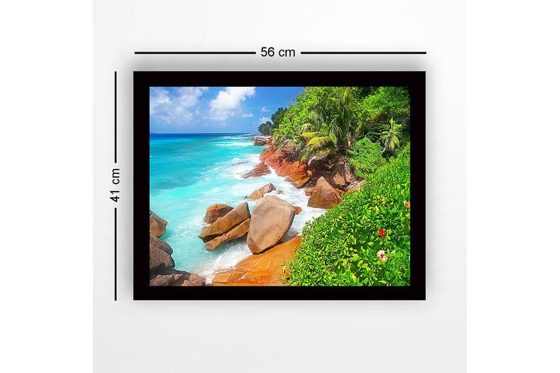 Inramad Canvastavla i trä - 41x56 cm - Vacker strand med klippor och turkost vatten - Turkos / Grön / Beige - Inredning - Tavlor & konst