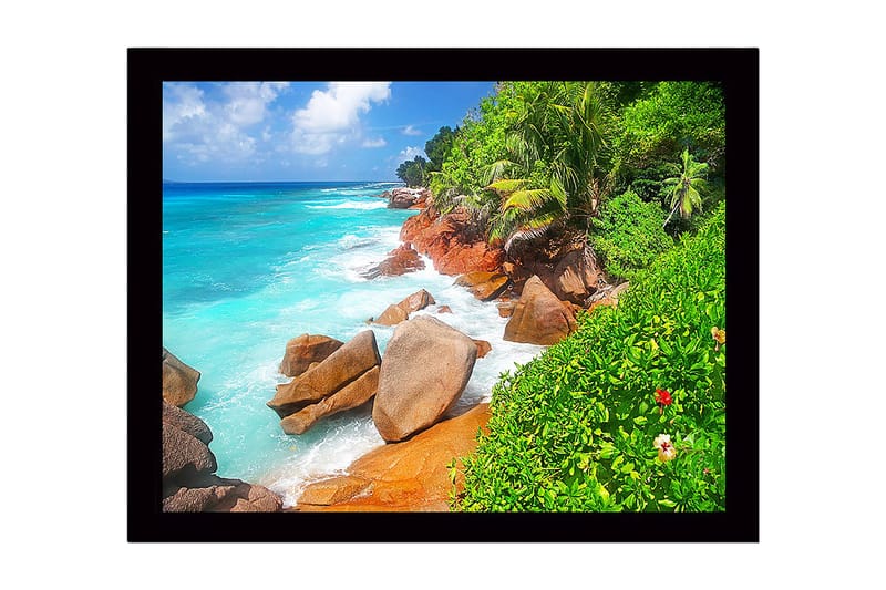 Inramad Canvastavla i trä - 41x56 cm - Vacker strand med klippor och turkost vatten, Turkos / Grön / Beige