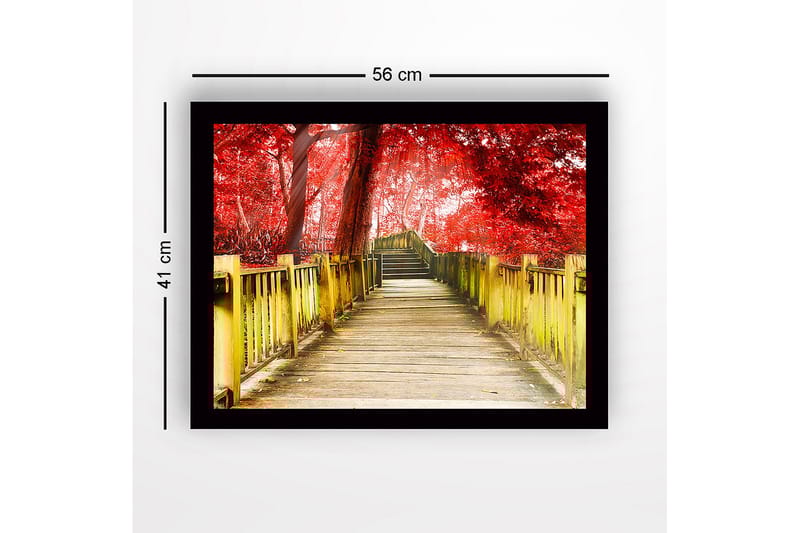 Inramad Canvastavla i trä - 41x56 cm - Vacker träbro omgiven av röda träd i en höstlig miljö - Röd / Gul / Brun - Inredning - Tavlor & konst