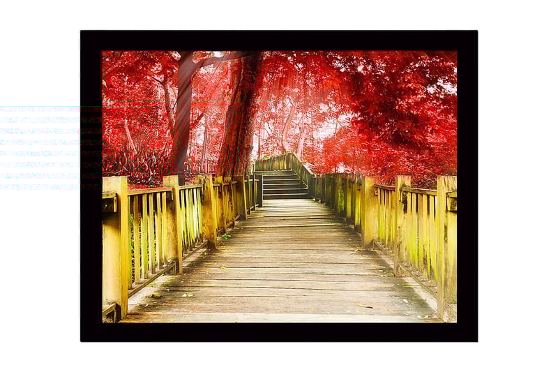 Inramad Canvastavla i trä - 41x56 cm - Vacker träbro omgiven av röda träd i en höstlig miljö - Röd / Gul / Brun - Inredning - Tavlor & konst