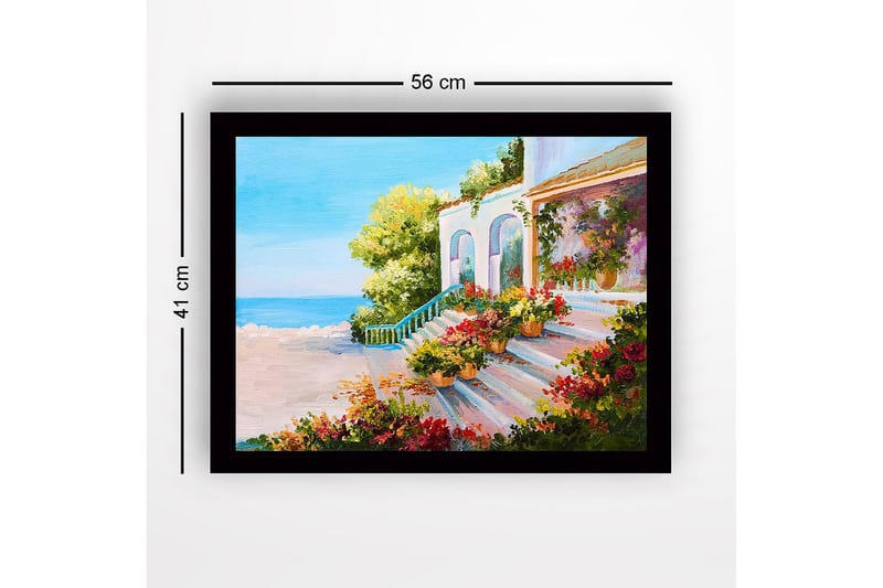 Inramad Canvastavla i trä - 41x56 cm - Vacker trappa med blomkrukor i en solig kustmiljö - Grön / Rosa / Blå - Inredning - Tavlor & konst