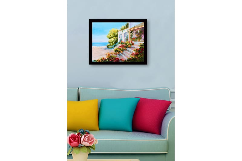 Inramad Canvastavla i trä - 41x56 cm - Vacker trappa med blomkrukor i en solig kustmiljö - Grön / Rosa / Blå - Inredning - Tavlor & konst