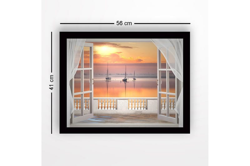 Inramad Canvastavla i trä - 41x56 cm - Vacker utsikt över segelbåtar vid solnedgången genom ett öppet fönster - Orange / Rosa / Blå - Inredning - Tavlor & konst