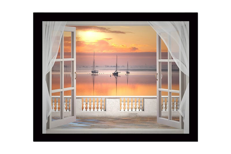 Inramad Canvastavla i trä - 41x56 cm - Vacker utsikt över segelbåtar vid solnedgången genom ett öppet fönster, Orange / Rosa / Blå