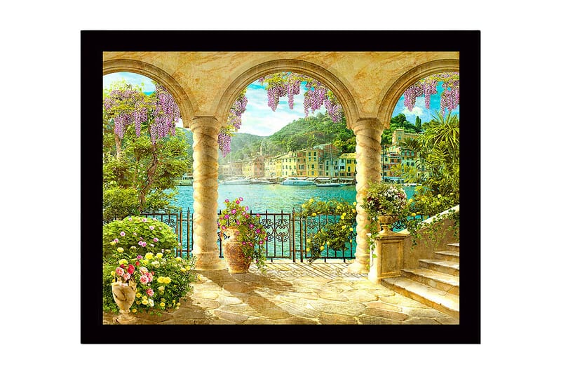 Inramad Canvastavla i trä - 41x56 cm - Vacker utsikt genom valv med blommor och havet i bakgrunden - Lila / Grön / Guld - Inredning - Tavlor & konst