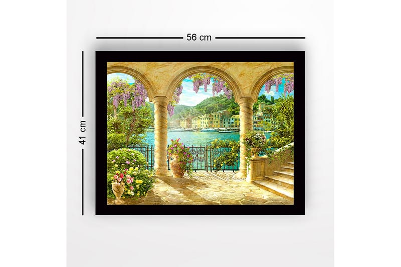 Inramad Canvastavla i trä - 41x56 cm - Vacker utsikt genom valv med blommor och havet i bakgrunden - Lila / Grön / Guld - Inredning - Tavlor & konst