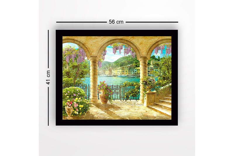 Inramad Canvastavla i trä - 41x56 cm - Vacker utsikt genom valv med blommor och havet i bakgrunden - Lila / Grön / Guld - Inredning - Tavlor & konst