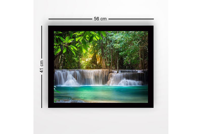Inramad Canvastavla i trä - 41x56 cm - Vacker vattenfall i en grönskande skogsmiljö - Grön / Turkos / Brun - Inredning - Tavlor & konst