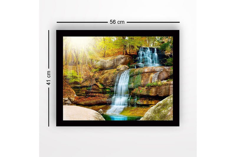 Inramad Canvastavla i trä - 41x56 cm - Vacker vattenfall i en höstlig skogsmiljö - Grön / Orange / Blå - Inredning - Tavlor & konst