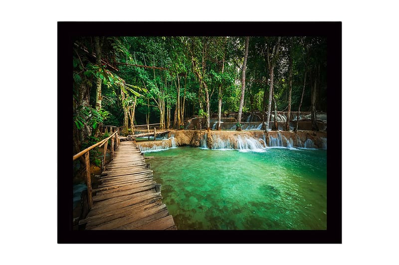 Inramad Canvastavla i trä - 41x56 cm - Vacker vattenfall med grönskande omgivning - Grön / Turkos / Brun - Inredning - Tavlor & konst