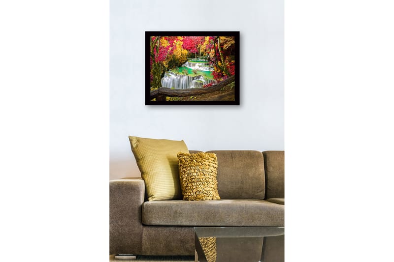 Inramad Canvastavla i trä - 41x56 cm - Vacker vattenfall med omgivande höstfärger - Röd / Gul / Turkos - Inredning - Tavlor & konst