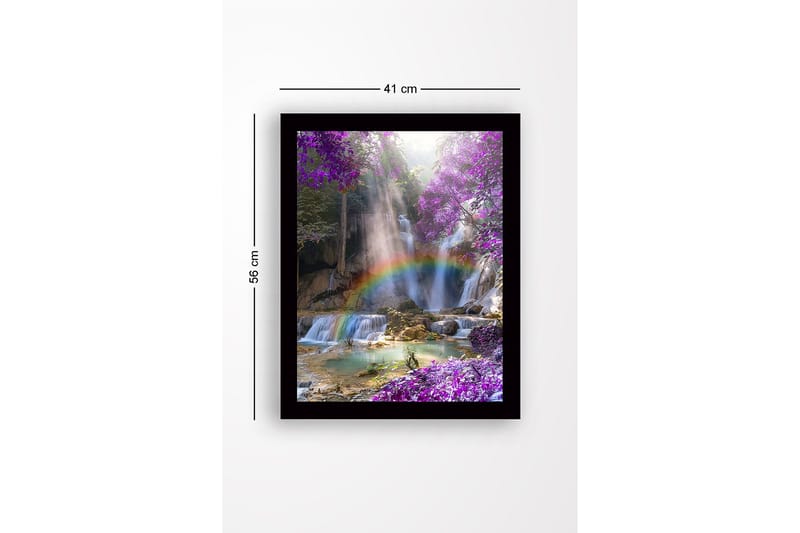 Inramad Canvastavla i trä - 41x56 cm - Vacker vattenfall med regnbåge omgiven av lila blommor och grönskande träd - Lila / Grön / Blå - Inredning - Tavlor & konst