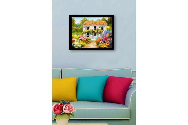 Inramad Canvastavla i trä - 41x56 cm - Vacker villa omgiven av blomstrande trädgård - Grön / Rosa / Gul - Inredning - Tavlor & konst